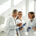 Three scientists wearing lab coats and gloves stand together in a bright laboratory, talking and smiling.