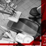 A dental office exam chair and equipment in a clean, modern treatment room, with a partially red overlay and company branding.