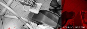 A dental office exam chair and equipment in a clean, modern treatment room, with a partially red overlay and company branding.