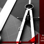 A metal compass, ruler, and drawing tools on a drafting mat; text reads, "We make office construction a dream come true.