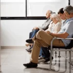 Four adults sit quietly in a waiting room, each in a chair, with neutral expressions and natural light from the window.