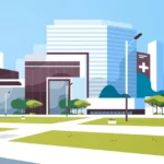 Illustration of a modern cityscape with buildings, trees, a crosswalk, and a bus stop on a clear day.