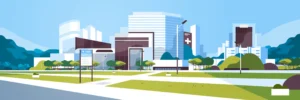 Illustration of a modern cityscape with buildings, trees, a crosswalk, and a bus stop on a clear day.