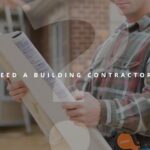 A person in a plaid shirt holds blueprints outside a house under construction with text: "Need a building contractor?.