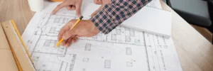 Two people review architectural blueprints on a desk with hard hats, a notebook, and measuring tools nearby.
