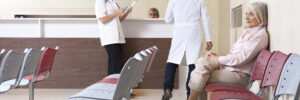 An older woman sits in a waiting area while two doctors talk at a reception desk in a medical office.